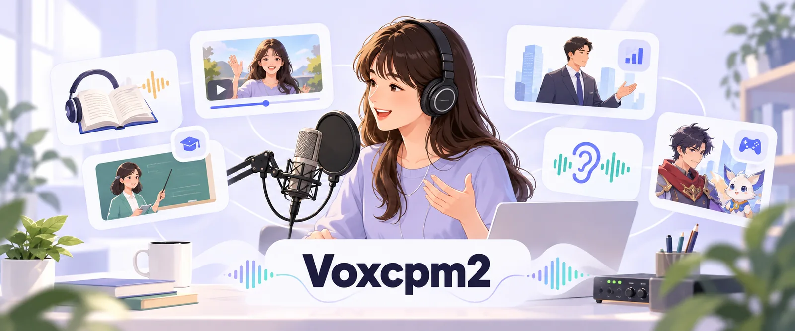 中国女性使用 VoxCPM2 为有声书、视频、教育、企业和游戏等场景配音